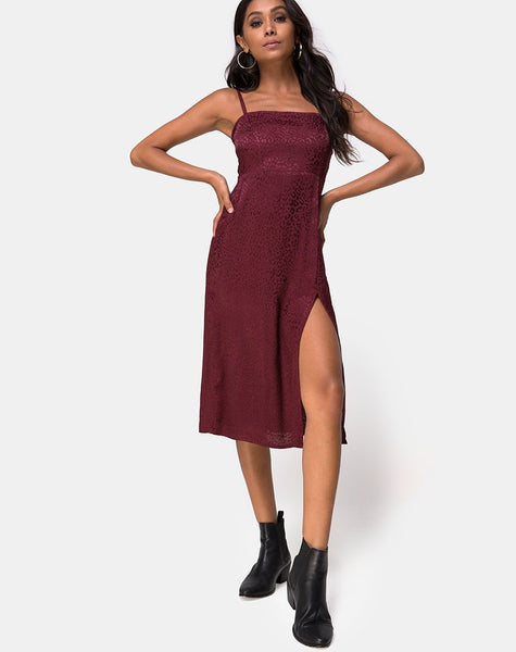 Kaoya Midi Dress in Satin Cheetah Burgundy