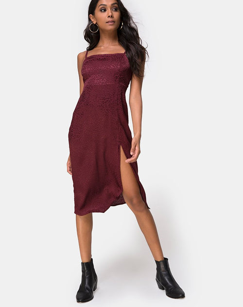 Kaoya Midi Dress in Satin Cheetah Burgundy