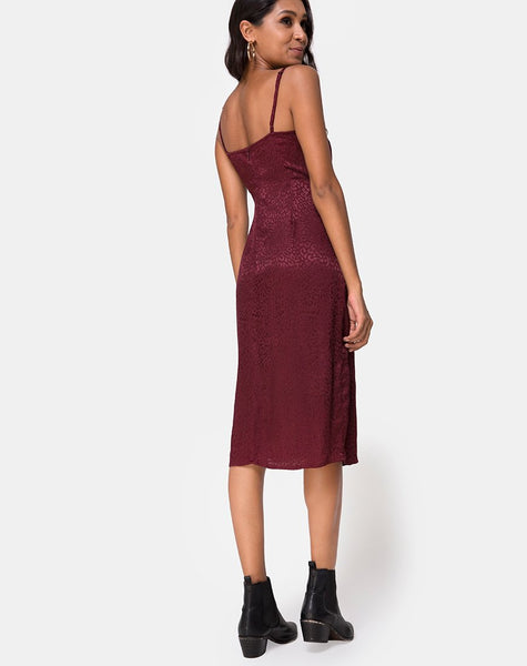 Kaoya Midi Dress in Satin Cheetah Burgundy