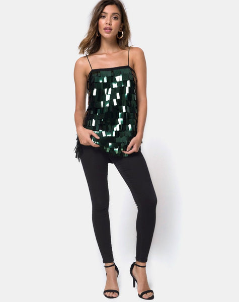 Keke Long Top in Dangle Sequin Forest Green