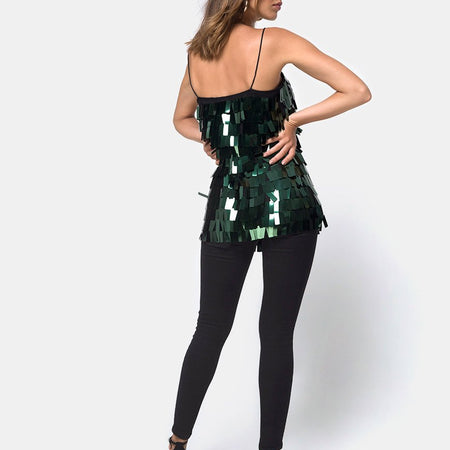 Keke Long Top in Dangle Sequin Forest Green