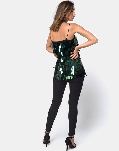 Keke Long Top in Dangle Sequin Forest Green