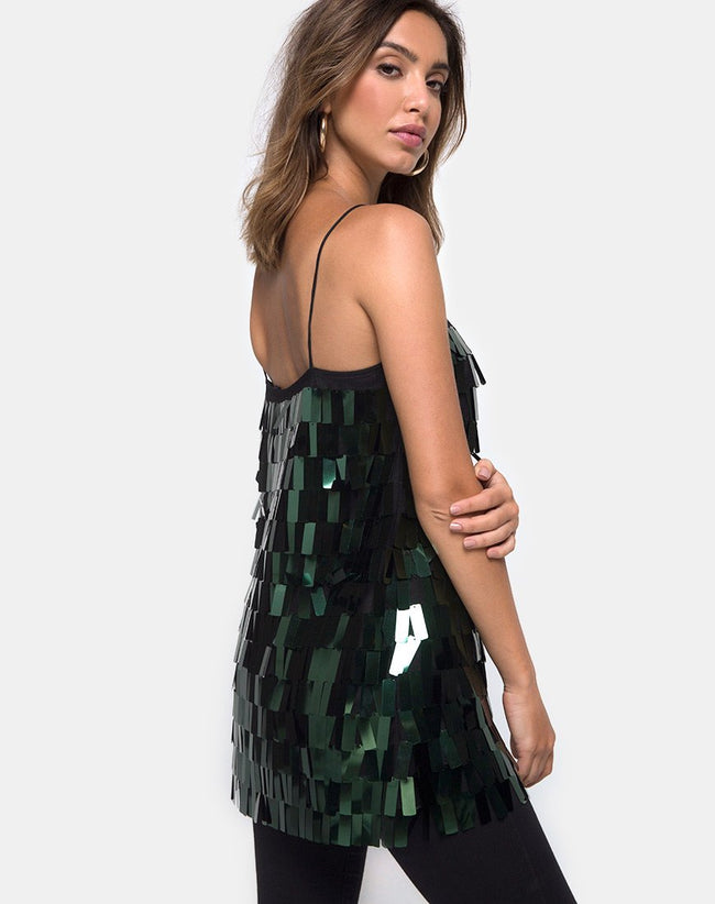 Keke Long Top in Dangle Sequin Forest Green