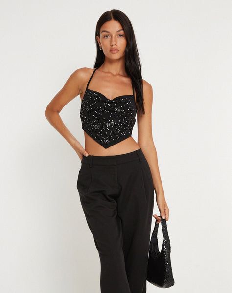 image of Ketida Halterneck Crop Top in Black Diamante