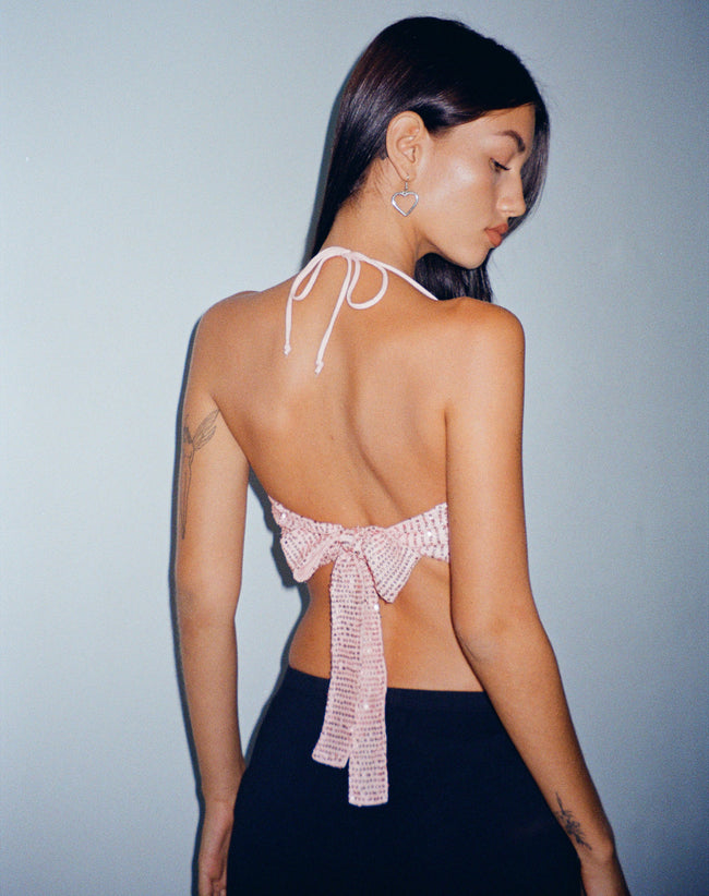 image of Ketida Crop Top in Drape Sequin Metallic Pink