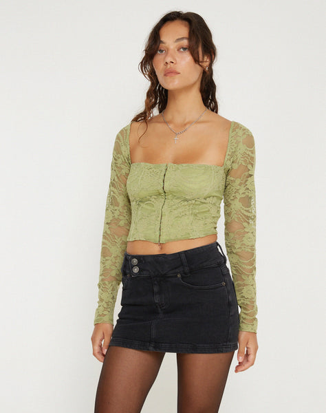 image of Khafila Long Sleeve Corset Top in Lace Green