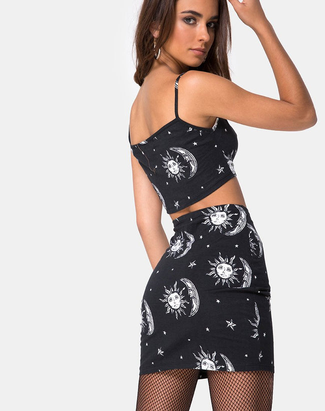 Kimmy Bodycon Skirt in Sun Moon Stars BW