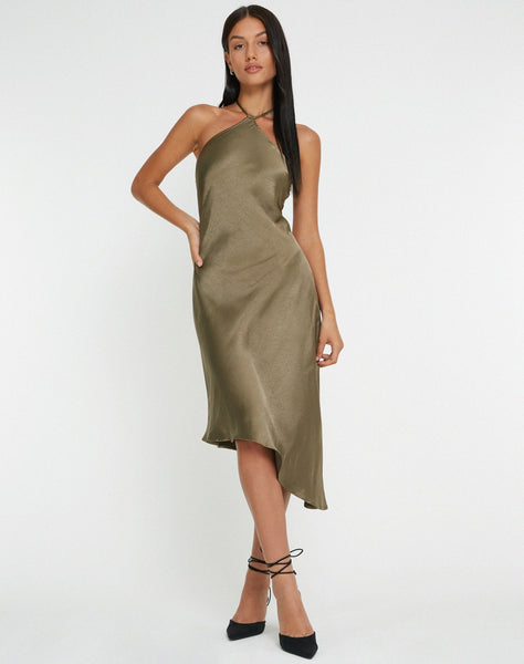 image of Kimora Midi Dress in Satin Dark Olive