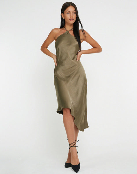 image of Kimora Midi Dress in Satin Dark Olive