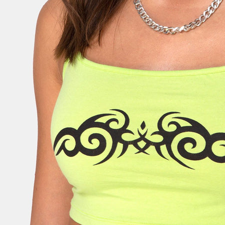 Kini Crop Top in Green with Black Tribal Placement