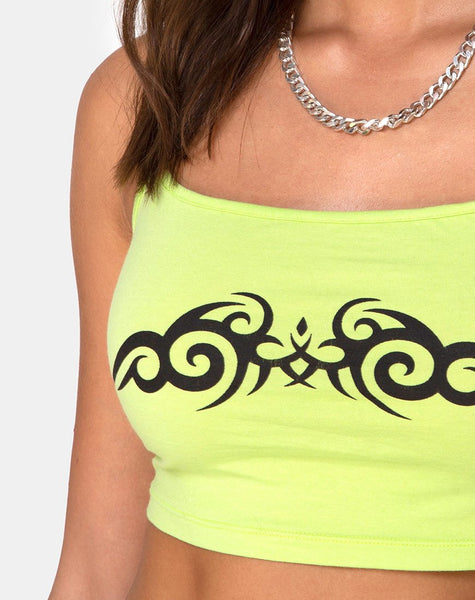 Kini Crop Top in Green with Black Tribal Placement