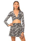 Motel Kira Twist Crop Top in Cross Hatch Black and White