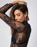 Lahela High Neck Top in Floral Eyelash Lace Black