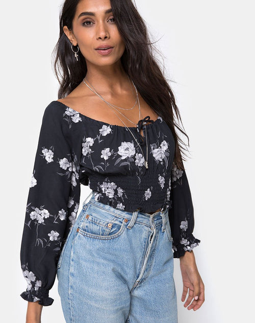 Lancer Crop Top in Mono Flower Black