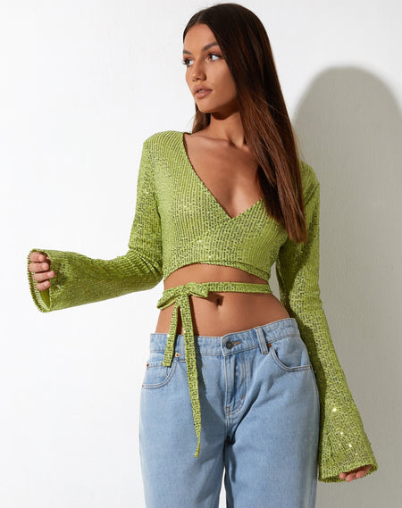 Tinimi Crop Top in Drape Sequin Lime Green