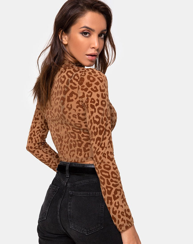 Lara Crop Top in Animal Flock Tan Brown