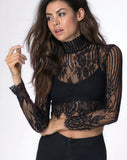 Lara High Neck Crop Top in Stripe Lace Black