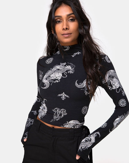 Jilsa Long Sleeve Top in Black Mesh Tan Dragon Flock