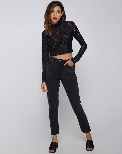 Lara High Neck Crop Top in Net Crystal Black