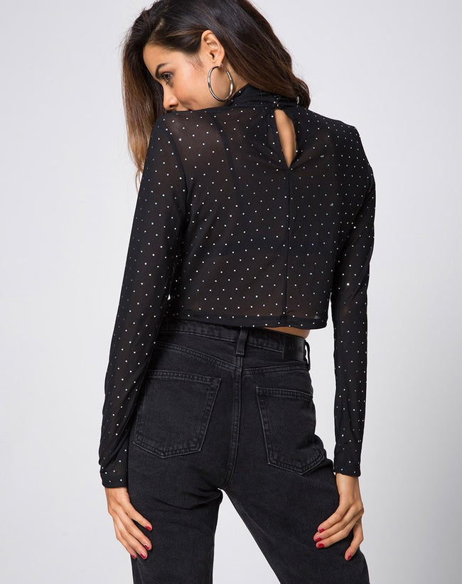 Lara High Neck Crop Top in Net Crystal Black