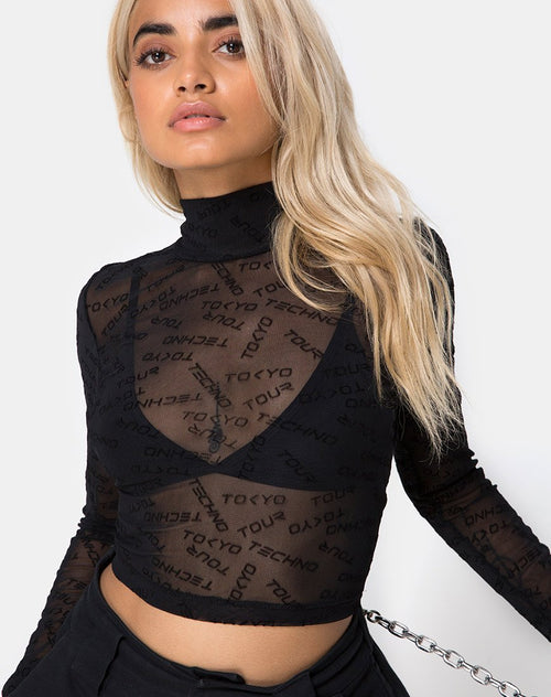 Lara Crop Top in Tokyo Techno Black Net