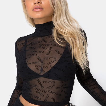 Lara Crop Top in Tokyo Techno Black Net