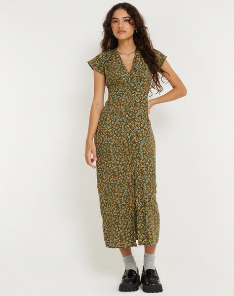 image of Larin Midi Dress in Grungey Floral Khaki