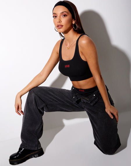 Gimon Crop Top in Black Silver Heart Hotfix