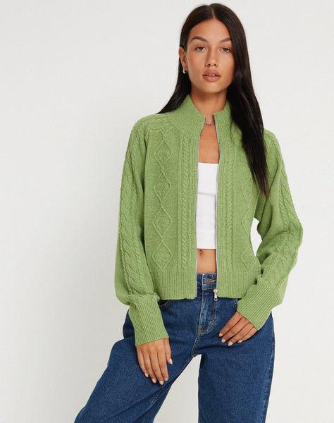 image of Lemila Knitted Zip Up Jacket in Moss Green