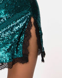 Lena Skirt in Mini Sequin Teal with Black Lace