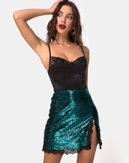 Shenka Mini Skirt in Drape Sequin Forest Green