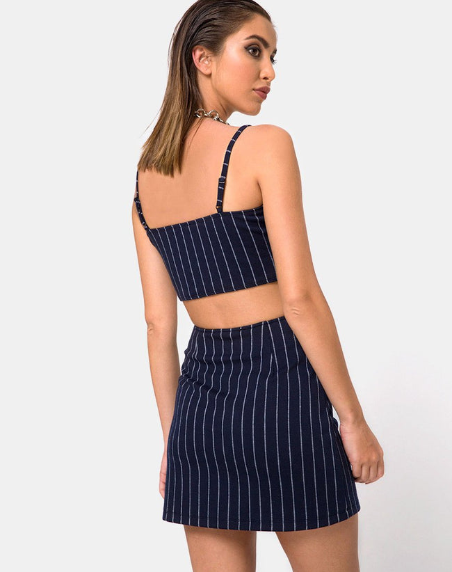 Lilu A Line Skirt in Navy Pinstripe