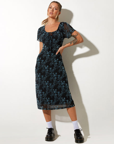 image of Lorani Midi Dress in Butterfly Vine Flock Blue