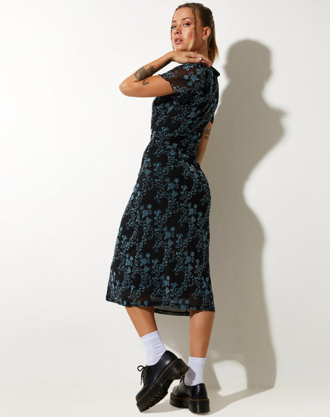 image of Lorani Midi Dress in Butterfly Vine Flock Blue