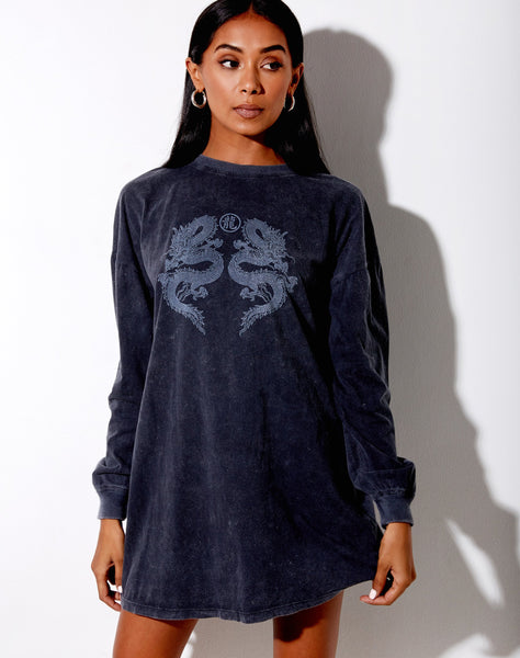 Lotsun Sweatshirt in Black Wash Twin Dragon