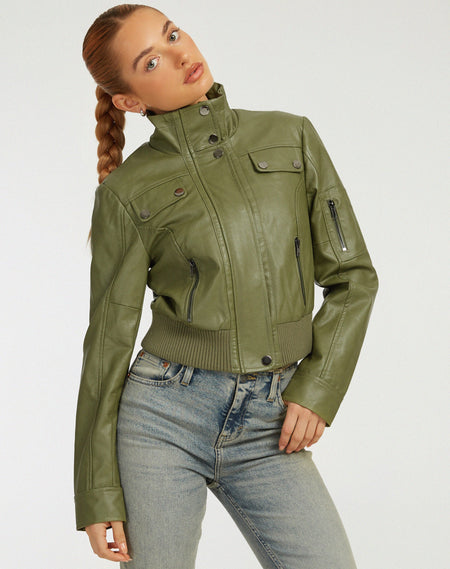 Mildred Distressed Biker Jacket in PU Olive