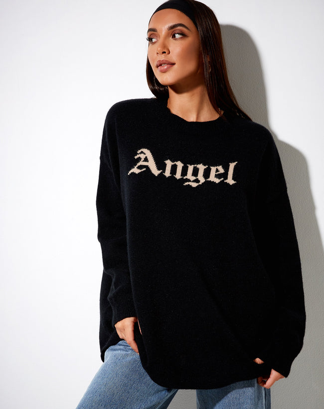 Lulees Jumper in Knit Black with 'Angel' in Cream