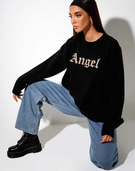 Tusca Sweatshirt in Black with Angel on Sleeve