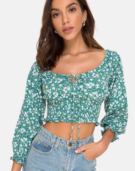 Lilian Crop Top in Floral Field Olive