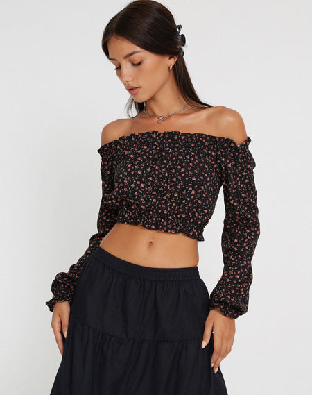 Amati Long Sleeve Mesh Crop Top in Ditsy Ribbon Dusty Pink Flock