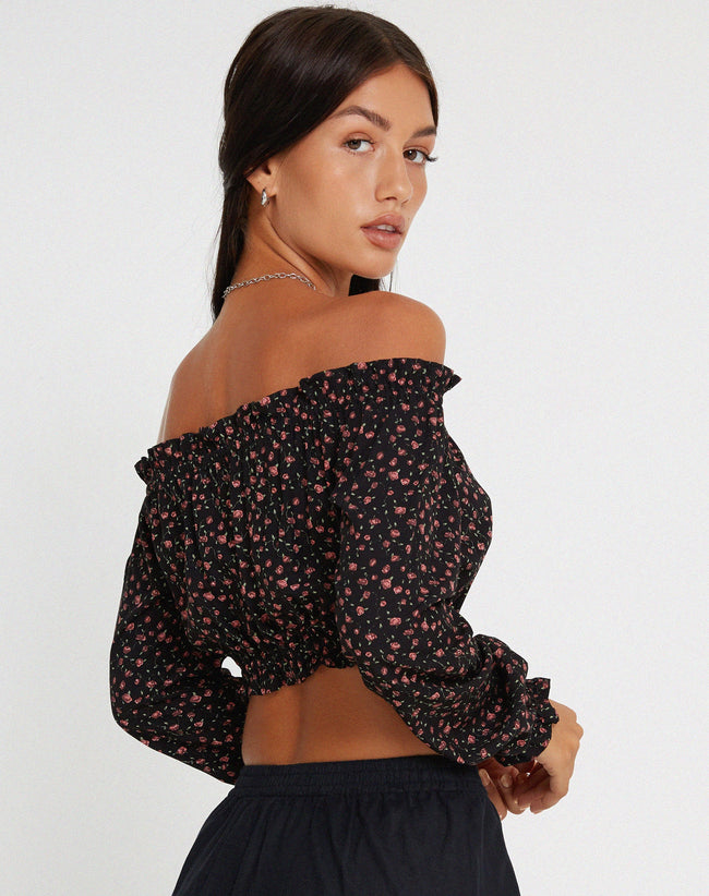 image of Madley Long Sleeve Bardot Top in Dark Pink Rose Black