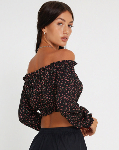 image of Madley Long Sleeve Bardot Top in Dark Pink Rose Black