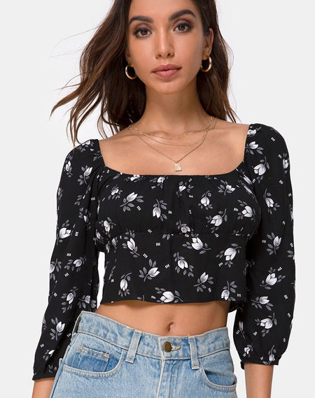 Yoona Crop Top in Satin Stretch in Last Rose Black