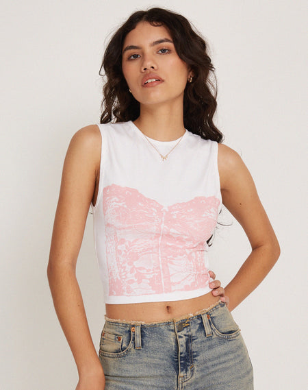 Tiona Baby Tee in White with Lace Print