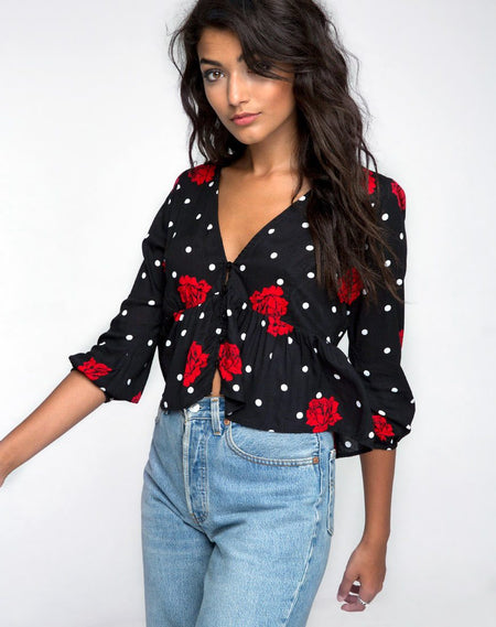 Vinequa Top in Mini Diana Dot Red and Black