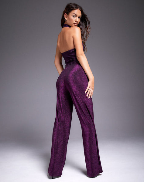 Image of Niran Wide Leg Trouser in Slinky Glitter Dark Purple