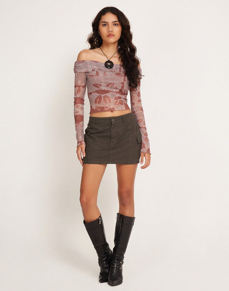 Image of Nadhira Long Sleeve Mesh Bardot Top in Botanical Bleed Warm Grey