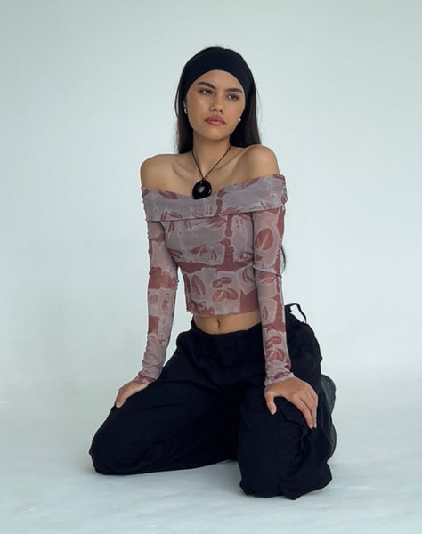 Image of Nadhira Long Sleeve Mesh Bardot Top in Botanical Bleed Warm Grey