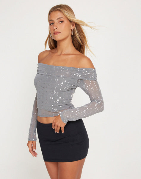 image of Nagini Bardot Top in Mesh Glitter Dot Frost Gray