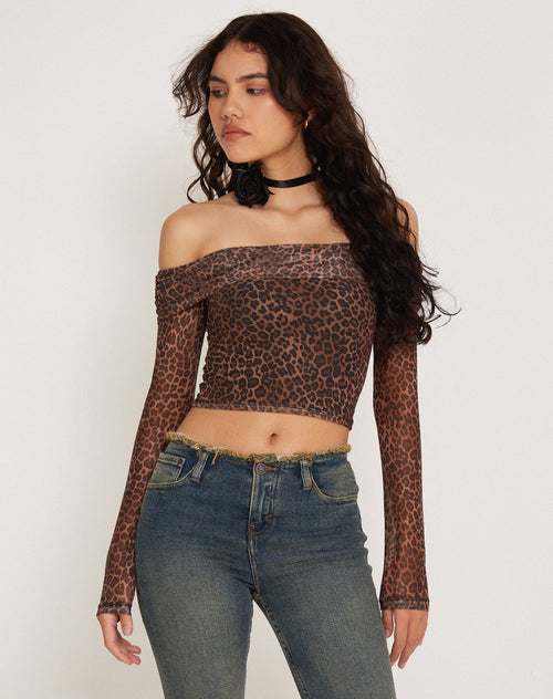 image of Nagini Long Sleeve Bardot Top in Rar Leopard Mesh